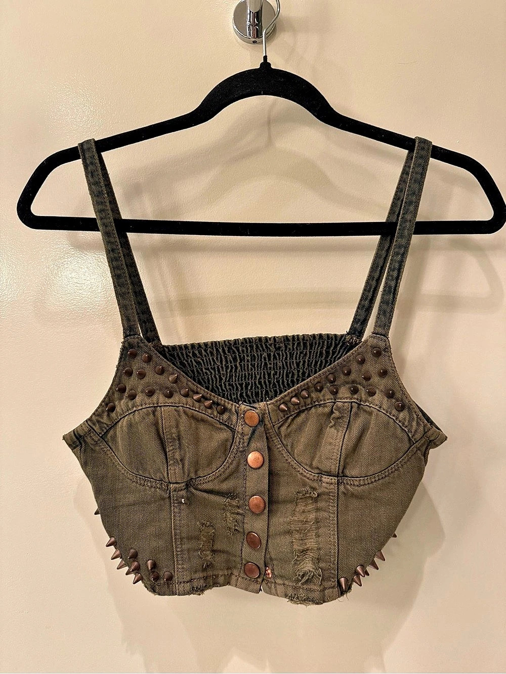 TOPSHOP Studded Distressed Crop Top Green US 4